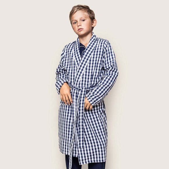 NWOT Kids Petite Plume Child's Twill Robe in Navy Blue Gingham Size 13/14 - Picture 1 of 11